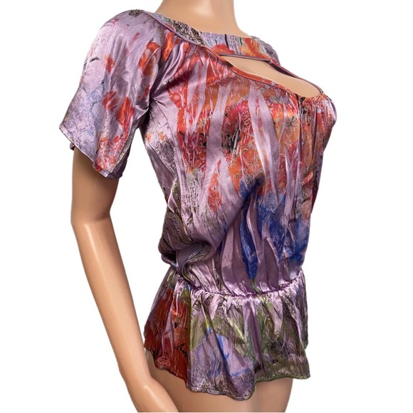 Sexy Lilac Purple Floral Cut Out Poly Elastic tunic Cleavage top Glam Trendy Top - Picture 5 of 6